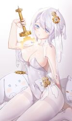 1girl absurdres blue_eyes bow breasts cleavage everlasting_(e.g.o) faust_(project_moon) gear_hair_ornament gears highres holding holding_sword holding_weapon human_scabbard large_breasts leotard limbus_company looking_at_viewer open_mouth pantyhose project_moon ranya_(artiraia) short_hair simple_background solo sword veil waist_bow weapon white_background white_bow white_hair white_leotard white_pantyhose white_veil