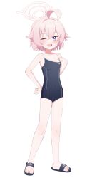 1girl ;d ??_(user_cytk7578) abydos_high_school_logo abydos_high_school_swimsuit ahoge bare_arms bare_legs bare_shoulders black_one-piece_swimsuit black_sandals blue_archive blue_eyes blush bob_cut commentary competition_school_swimsuit covered_navel double-parted_bangs fang flat_chest full_body hair_between_eyes hair_flaps halo hand_on_own_hip hand_up highres hoshino_(blue_archive) hoshino_(first_year)_(blue_archive) huge_ahoge looking_at_viewer one-piece_swimsuit one_eye_closed open_mouth pink_hair pink_halo sandals school_emblem school_swimsuit short_hair simple_background skin_fang slides smile solo standing strap_pull swimsuit symbol-only_commentary tachi-e toenails toes white_background