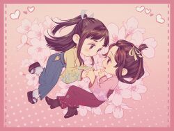 2girls ace_attorney blue_hakama boots border bow brown_boots brown_eyes brown_hair brown_sandals cherry_blossoms chinese_commentary closed_mouth commentary_request deformed hair_bow hair_ribbon hakama hakama_skirt heart high_heel_boots high_heels highres holding_hands japanese_clothes kaze_(yznyttdgs) kimono long_hair long_sleeves multiple_girls open_mouth pink_background pink_border pink_kimono ponytail red_hakama rei_membami ribbon sandals sidelocks skirt smile socks susato_mikotoba the_great_ace_attorney white_bow white_socks wide_sleeves yellow_kimono yellow_ribbon