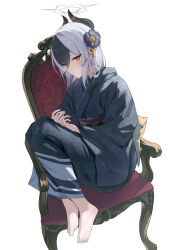 Rule 34 | 1girl, absurdres, black kimono, black nails, blue archive, blush, closed mouth, demon girl, demon horns, ear piercing, from side, hair behind ear, hair between eyes, hair ornament, hairclip, hendiamond, highres, horns, japanese clothes, kayoko (blue archive), kayoko (new year) (blue archive), kimono, long hair, looking at viewer, multicolored hair, obi, on chair, piercing, purple sash, red eyes, sash, sidelocks, sideways sitting pose (han-0v0), white background