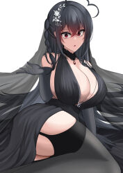 absurdres ahoge azur_lane black_choker black_hair blush braid breasts bridal_veil choker dress elbow_gloves garter_belt gloves hair_between_eyes hair_ornament highres huge_breasts jewelry long_hair necklace open_mouth red_eyes shaded_face shigenohara_kitoha taihou_(azur_lane) thighhighs thighs veil wedding_dress yandere