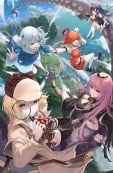5girls :d absurdres ao-chan_(ninomae_ina&#039;nis) black_dress black_gloves black_shoes blonde_hair blue_eyes blue_hoodie blue_shoes blue_sky bluehead_white_dragon breasts brown_coat brown_hat brown_shoes brown_skirt brown_thighhighs chibi circlet cleavage coat colored_inner_hair day deerstalker detached_sleeves dress dynamic_pose fins fish_tail flying from_above garter_straps gawr_gura gawr_gura_(1st_costume) gloves green_hair grey_hair hair_ornament halo hat high_heels highres holding holding_hands holding_magnifying_glass hololive hololive_english holomyth hood hood_down hoodie large_breasts long_hair looking_at_another looking_at_viewer magnifying_glass midair mini_chef_hat mori_calliope mori_calliope_(1st_costume) mountainous_horizon multicolored_hair multiple_girls necktie ninomae_ina&#039;nis ninomae_ina&#039;nis_(1st_costume) ocean open_mouth orange_hair orange_shirt orange_skirt outdoors outstretched_hand pink_hair plaid_hat pleated_skirt purple_hair red_eyes red_hat red_necktie shark_girl shark_hair_ornament shark_tail shirt shoes short_hair single_detached_sleeve single_garter_strap single_thighhigh skirt sky sleeveless sleeveless_shirt smile smol_calli sneakers stethoscope_around_neck tail takanashi_kiara takanashi_kiara_(1st_costume) tentacles thighhighs two_side_up virtual_youtuber w watson_amelia watson_amelia_(1st_costume) white_shirt white_sleeves white_thighhighs