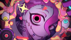 Rule 34 | 1boy, azu zuki, commentary, earrings, english commentary, eyeball, hair between eyes, jewelry, magata zenichi, male focus, monitoring (vocaloid), parted lips, pink eyes, pink hair, pov peephole, short hair, solo, stitched face, stitches, teeth, tribe nine