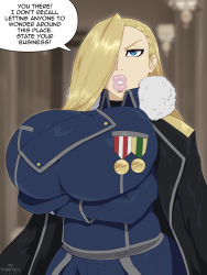 1girl absurdres blonde_hair blue_eyes blurry blurry_background breast_hold breasts coat crossed_arms english_text female_focus fullmetal_alchemist fur_collar hair_over_one_eye highres huge_breasts indoors long_hair looking_at_viewer medal military military_uniform olivier_mira_armstrong parted_lips rampage_(leedash2) solo speech_bubble standing thick_lips upper_body