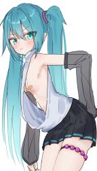 :3 aqua_eyes aqua_hair armpits bandaid bandaids_on_nipples bent_over blush breasts closed_mouth clothing_cutout commentary covered_erect_nipples detached_sleeves facing_viewer from_side hair_between_eyes hair_ornament hairband hand_on_own_hip hatsune_miku highres legs_together long_hair loose_clothes loose_shirt meme_attire navel pasties shirt side_cutout sideboob simple_background skirt small_breasts thigh_strap thinker25075754 turning_head twintails virgin_killer_sweater white_background