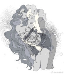breasts curly_hair dark-skinned_female dark_skin dress flushing hug hug_from_behind huge_breasts long_hair original watermark weibo_6588363970 yuri
