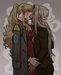 Rule 34 | 2girls, absurdres, asymmetrical docking, balalaika (black lagoon), black lagoon, blonde hair, breast press, breasts, burn scar, cigar, cigarette kiss, coat, coat on shoulders, commentary, crossover, dark-skinned female, dark skin, english commentary, eye contact, fingernails, glasses, grey background, hellsing, highres, integra hellsing, interracial, jacket, large breasts, long hair, looking at another, multiple girls, nail polish, noses touching, ponytail, red coat, red jacket, scar, scar on face, sharp fingernails, simple background, smoking, trait connection, uio590, upper body, very long hair, yuri