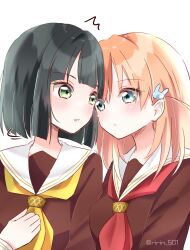 Rule 34 | 2girls, ^^^, absurdres, aqua eyes, black hair, blunt bangs, blunt ends, blush, bob cut, breasts, brown dress, cerise bouquet, closed mouth, commentary request, crossed bangs, dress, eye contact, green eyes, hair ornament, hasu no sora school uniform, highres, hinoshita kaho, link! like! love live!, long sleeves, looking at another, love live!, medium breasts, medium hair, momose ginko, motion lines, multiple girls, neckerchief, orange hair, parted lips, rabbit hair ornament, red neckerchief, ririn (ririn 501), sailor collar, sailor dress, school uniform, short hair, simple background, turning head, twitter username, two side up, upper body, virtual youtuber, white background, white sailor collar, winter uniform, yellow neckerchief, yuri