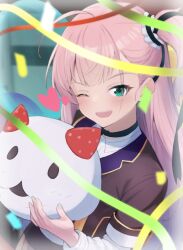 Rule 34 | 1girl, ;d, black choker, blurry, blush, brown jacket, choker, collared shirt, commentary request, confetti, green eyes, hair ribbon, heart, highres, holding, jacket, kamokawa j, long hair, long sleeves, looking at viewer, one eye closed, one side up, open mouth, origami family&#039;s elite guard uniform, pink hair, ribbon, shirt, smile, solo, toji no miko, tsubakuro yume, white shirt