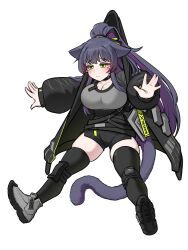 1girl absurdres animal_ears arknights armor black_choker black_coat black_shorts black_thighhighs blush breasts choker cleavage closed_mouth coat colored_inner_hair commentary english_commentary floating_clothes full_body green_eyes grey_shirt grey_shoes highres jessica_(arknights) jessica_the_liberated_(arknights) k0ng knee_pads large_breasts long_hair long_sleeves multicolored_hair open_clothes open_coat outstretched_arms pink_hair puffy_long_sleeves puffy_sleeves purple_hair shirt shoe_soles shoes short_shorts shorts simple_background skindentation solo strap t-shirt tail tearing_up thighhighs white_background