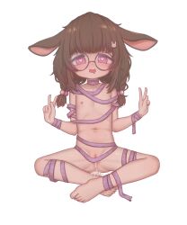1girl after_vaginal aftersex animal_ears anndrezs barefoot brown_hair clitoris closed_mouth commission commissioner_upload cum cum_in_pussy cumdrip double_v fallenshadow flat_chest hair_ornament heart heart-shaped_pupils highres indian_style indie_virtual_youtuber loli looking_at_viewer lop_rabbit_ears naked_ribbon navel nipples non-web_source open_mouth pink_eyes pixiv_commission pussy pussy_peek rabbit_ears rabbit_girl rabbit_hair_ornament ribbon round_eyewear simple_background sitting solo symbol-shaped_pupils toes transparent_background v virtual_youtuber