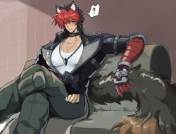 1boy ? absurdres animal_ears bandaged_arm bandages black_choker black_jacket blush cargo_pants choker dog_boy ear_piercing fingerless_gloves gloves highres jacket jewelry komano_manato large_pectorals male_focus multicolored_hair multiple_scars muscular muscular_male necklace pants pectorals piercing red_eyes scar scar_across_eye scar_on_face shirt short_hair sitting solo tail white_shirt zenless_zone_zero