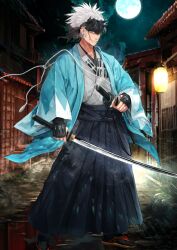 Rule 34 | 1boy, aqua haori, architecture, arm at side, armor, black headband, black socks, blue eyes, blue hakama, building, closed mouth, east asian architecture, expressionless, facial scar, fate/grand order, fate (series), forehead protector, frown, full body, full moon, game cg, grey kimono, hakama, hakama pants, hand up, haori, headband, hirano ryouji, holding, holding sheath, holding sword, holding weapon, japanese armor, japanese clothes, katana, kimono, kote, kurokote, legs apart, long sleeves, looking at viewer, male focus, moon, multiple swords, nagakura shinpachi (fate), night, night sky, official art, pants, sandals, scar, scar on cheek, scar on face, sheath, sheathed, shinsengumi, short hair, sideburns, sky, socks, solo, standing, sword, tabi, third-party source, unsheathed, variant set, weapon, white hair, wide sleeves, zouri