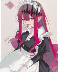 1girl alternate_costume apron baobhan_sith_(fate) breasts caat106 dress enmaided fate/grand_order fate_(series) grey_eyes hair_ornament highres long_hair maid maid_apron maid_headdress pink_hair pointy_ears sidelocks solo tongue tongue_out white_background white_dress