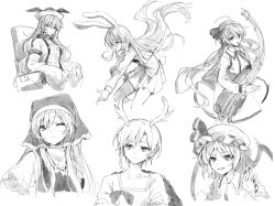 6+girls ahoge animal_ears antlers apron bat_wings biwa_lute bow breasts chinese_commentary closed_mouth collared_dress commentary_request constellation_print cowboy_shot crossed_arms detached_sleeves dress fang fingernails floating_hair flower greyscale hair_between_eyes hair_flower hair_ornament hair_ribbon hand_up haniyasushin_keiki hat hat_ribbon headscarf highres holding holding_instrument horns index_finger_raised instrument jewelry kicchou_yachie long_fingernails long_hair long_sleeves looking_afar looking_at_viewer low_twintails lute_(instrument) magatama magatama_necklace maisuiren matara_okina medium_breasts mob_cap monochrome multiple_girls music musical_note nail_polish necklace necktie one_eye_closed open_mouth playing_instrument pleated_skirt puffy_long_sleeves puffy_short_sleeves puffy_sleeves rabbit_ears rabbit_girl rabbit_tail reisen_udongein_inaba remilia_scarlet ribbon shirt short_hair short_sleeves sidelocks simple_background sitting sitting_on_throne skirt smile standing tabard tail touhou tsukumo_benben turtle_shell turtleneck turtleneck_dress twintails upper_body wavy_hair wide_sleeves wings