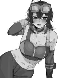 1girl blush breasts carrot_011 cleavage commentary cowboy_shot crop_top doodles english_commentary eyewear_on_head grace_howard greyscale hair_between_eyes highres large_breasts looking_at_viewer monochrome navel open_mouth ponytail shirt sidelocks simple_background solo sweatdrop white_shirt zenless_zone_zero