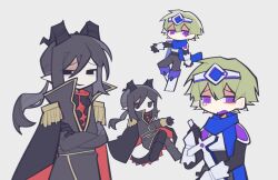 2boys @_@ ankle_boots armor armored_boots armored_gloves bags_under_eyes black_boots black_cape black_coat black_eyes black_gloves black_hair black_horns black_pants black_tail blue_scarf boots cape chinese_commentary coat commentary_request cowboy_shot crossed_arms crossed_legs deformed demon_horns double-parted_bangs dragon_boy dragon_horns dragon_tail empty_eyes fallin&#039;_dead_relive_life_(vocaloid) full_body gloves green_hair grey_background hair_between_eyes highres horns invisible_chair knee_boots kunai_tadashi kuwuzhengpai long_hair low_ponytail male_focus multiple_boys multiple_views no_mouth no_pupils official_alternate_costume open_mouth original pants ponytail purple_eyes raised_inner_eyebrows red_cape scarf short_hair shoulder_armor simple_background sitting spiked_tail standing tail tanaka_naro tearing_up two-sided_cape two-sided_fabric vocaloid white_boots