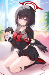 1girl absurdres armband black_choker black_gloves black_hair black_sailor_collar black_serafuku black_shirt black_shoes black_skirt black_socks blue_archive blush bow bowtie character_doll choker commentary doll gloves halo highres holding holding_doll kneehighs kooriais looking_at_viewer low_wings mashiro_(blue_archive) midriff_peek miniskirt pleated_skirt purple_eyes red_armband red_bow red_bowtie red_halo sailor_collar school_uniform seiza serafuku shirt shoes short_hair sitting skirt socks solo symbol-only_commentary thighs winged_halo wings