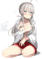 ahoge blue_eyes blush breasts closed_eyes commentary_request covering_breasts covering_privates english_text flying_sweatdrops glasses grey_hair hair_ribbon hakama hakama_skirt heywood_l._edwards_(kancolle) heywood_l._edwards_(miko)_(kancolle) japanese_clothes johnston_(kancolle) kantai_collection kimono kneeling long_hair medium_breasts miko multiple_girls open_clothes open_kimono parted_lips red_hakama ribbon shin_(new) simple_background skirt solo_focus thumbs_up two_side_up white_background white_kimono white_ribbon wide_sleeves