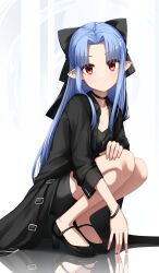 1girl black_bow black_choker black_coat black_dress black_shoes blue_hair bow bracelet choker coat commission dress hair_bow hand_on_own_knee high_heels highres jewelry len_(tsukihime) long_hair long_sleeves looking_at_viewer nakata_(nkt_vvd) pointy_ears red_eyes shoes short_dress skeb_commission solo squatting tsukihime very_long_hair