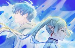 1boy 1girl absurdres cloak closed_mouth commentary_request earrings elf floating_hair frieren from_side grey_hair highres himmel_(sousou_no_frieren) ito_yoshi jewelry long_hair petals pointy_ears profile short_hair smile sousou_no_frieren twintails upper_body white_hair