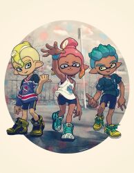 1girl 2boys arm_at_side arm_up baseball_jersey basketball_jersey bike_shorts black_shorts blonde_hair blue_footwear blue_hair blue_shirt blue_shorts closed_mouth cokeshi commentary_request dark-skinned_female dark-skinned_male dark_skin full_body hair_bun hair_slicked_back high_tops highres hockey_sweater inkling inkling_boy inkling_girl inkling_player_character jersey looking_at_viewer multiple_boys nintendo octoling octoling_boy octoling_player_character outside_border photo_background pink_hair pointing pointing_at_another pointy_ears round_image shirt shoes short_hair shorts sidelocks single_hair_bun sleeve_rolled_up smile sneakers splatoon_(series) splatoon_2 standing standing_on_one_leg tank_top tentacle_hair w white_eyes white_tank_top yellow_eyes yellow_shoes