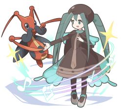1girl absurdres animal_print aqua_eyes aqua_hair brown_dress brown_headwear bug_miku_(project_voltage) butterfly_print dress eyeshadow gen_4_pokemon hair_through_headwear hatsune_miku highres kricketune long_hair long_sleeves makeup musical_note necktie nintendo open_mouth pokemon pokemon_(creature) poyo_party project_voltage sidelocks simple_background sparkle twintails very_long_hair vocaloid white_background