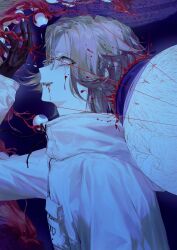 1boy aotsuki_eito arm_up black_gloves blood blood_from_mouth blood_in_hair blood_in_mouth blood_on_clothes blood_on_face blood_on_neck bloody_tears body_horror breast_pocket broken_eyewear broken_glass crying crying_with_eyes_open eldritch_abomination eyeball glass glasses gloves grey_hair highres jacket male_focus mint1618680 outstretched_hand pocket purple_eyes short_hair solo_focus string string_of_fate tears teeth the_hundred_line_-last_defense_academy- upper_teeth_only