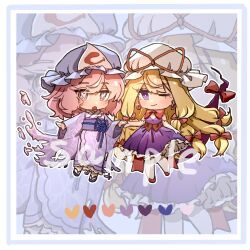 2girls ;) black_sandals blonde_hair blue_hat blue_kimono bow bowtie brown_corset butterfly-shaped_pupils chibi chibi_only chinese_commentary closed_mouth commentary_request corset dress earrings elbow_gloves frilled_dress frills gap_(touhou) glint gloves hair_bow hat hat_ribbon heart highres holding_hands japanese_clothes jewelry kimono long_hair long_sleeves medium_hair mob_cap multiple_girls one_eye_closed open_mouth outline pantyhose pink_eyes pink_hair purple_dress purple_eyes red_bow red_bowtie red_ribbon red_shoes ribbon saigyouji_yuyuko sample_watermark sandals shoes shouxishao_jiuyuan sleeveless sleeveless_dress smile symbol-shaped_pupils touhou triangular_headpiece watermark white_outline white_pantyhose wide_sleeves yakumo_yukari zoom_layer