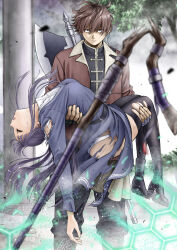 1boy 1girl axe battle_axe black_pantyhose breasts carrying carrying_person circle_ojisan fern_(sousou_no_frieren) hetero highres long_hair magic panties pantyhose princess_carry protecting purple_hair red_eyes red_hair rescue sousou_no_frieren stark_(sousou_no_frieren) torn_clothes unconscious underwear weapon white_panties
