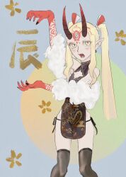 1girl bare_shoulders black_panties black_thighhighs blonde_hair china_dress chinese_clothes commentary_request dress eieio006 fangs fate/grand_order fate_(series) fingernails flat_chest fur_shawl highres horns ibaraki_douji_(fate) long_hair looking_at_viewer oni open_mouth panties pointy_ears sharp_fingernails shawl side-tie_panties sidelocks solo thighhighs twintails underwear yellow_eyes