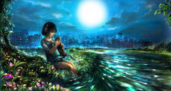 00 1girl animal black_hair cat city city_lights cityscape cloud dark dress female_focus flower full_moon grass hair_ornament hairclip headpat highres holding holding_animal moon mountain night original partially_submerged profile ripples scenery short_hair sitting sky smile soaking_feet solo tree water white_dress