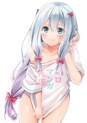 1girl absurdres blue_eyes bow closed_mouth collarbone copyright_name dutch_angle eromanga_sensei flat_chest floating_hair hair_between_eyes hair_bow hand_in_own_hair highres izumi_sagiri long_hair looking_up low-tied_long_hair multiple_hair_bows naked_shirt off_shoulder pink_bow print_shirt shirt shirt_tug short_sleeves silver_hair simple_background solo standing very_long_hair white_background white_shirt yoshida_iyo