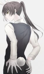 1girl animal_ears black_hair butler female_butler formal_clothes gloves green_eyes heaven_burns_red highres leotard long_hair looking_back mts_dsk natsume_inori nontraditional_playboy_bunny pant_suit pants playboy_bunny ponytail rabbit_ears rabbit_tail shirt solo suit tail white_gloves white_shirt