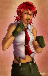 Rule 34 | 1girl, breasts, female focus, formal clothes, gene fayne, genefayne, gloves, leather, leather gloves, looking at viewer, medium breasts, red eyes, red hair, shirt, short hair, smile, suspenders, tan, the king of fighters, vanessa (kof), white shirt