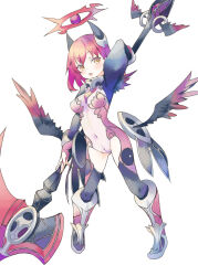 Rule 34 | 1girl, black wings, bodysuit, breasts, cameltoe, emil chronicle online, halo, highres, holding, holding scythe, holding weapon, horns, large breasts, mitama celes, navel, pink hair, scythe, standing, tsukasa takashi, weapon, white background, wings, yellow eyes