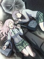 2girls :d bag bang_dream! bang_dream!_it&#039;s_mygo!!!!! blazer blue_bag brown_eyes chihaya_anon closed_eyes collared_shirt diagonal-striped_clothes diagonal-striped_necktie feet_out_of_frame green_necktie green_skirt green_socks grey_hair grey_jacket guitar_case handbag haneoka_school_uniform highres instrument_case jacket light_smile luvechaee lying multiple_girls necktie open_mouth pink_hair plaid_clothes plaid_skirt pleated_skirt rain ripples school_uniform shirt skirt smile socks striped_clothes takamatsu_tomori transparent transparent_umbrella umbrella white_shirt