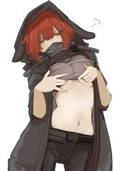 1girl absurdres arknights black_jacket black_pants cowboy_shot crownslayer_(arknights) grey_shirt hands_on_own_chest highres hood hood_up hooded_jacket jacket looking_at_viewer navel open_clothes open_jacket pants partially_undressed red_hair rolled shirt simple_background solo stomach taiiiyakiii white_background