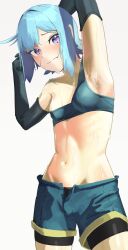 Rule 34 | 1girl, armpits, arms behind head, arms up, bike shorts, bike shorts under shorts, black gloves, blue eyes, blue hair, blush, bra, breasts, check commentary, chris (konosuba), commentary, commentary request, elbow gloves, embarrassed, facial scar, gloves, highres, kono subarashii sekai ni shukufuku wo!, navel, persit005, presenting armpit, purple eyes, scar, scar on cheek, scar on face, short hair, shorts, shorts under shorts, sidelocks, simple background, small breasts, stomach, sweat, underwear, white background