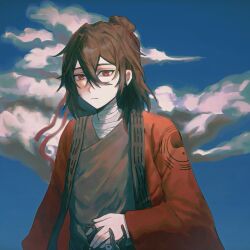 1boy bandaged_neck bandages benkebuhui black_hair black_hanfu blue_sky brown_hair chinese_clothes chinese_commentary closed_mouth cloud cloudy_sky coat creature dao_gui_yi_xian day expressionless eyeball hair_between_eyes hair_bun hair_ribbon half_updo hanfu highres holding holding_creature li_huowang li_sui_(tentacles) long_sleeves looking_at_viewer male_focus medium_hair outdoors red_coat red_eyes red_ribbon ribbon robe single_hair_bun sky solo tentacles upper_body wide_sleeves yin_yang yin_yang_print
