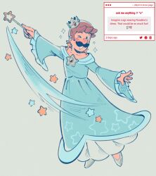 1boy bare_shoulders blue_eyes cosplay crossdressing crown didy414 dress earrings highres jewelry long_sleeves looking_at_viewer luigi mario_(series) nintendo off-shoulder_dress off_shoulder rosalina rosalina_(cosplay) smile solo wand