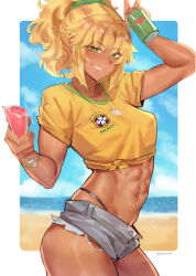 1girl abs absurdres beach blonde_hair blue_sky braid brazil brazilian_miku brazilian_miku_(cosplay) breasts cosplay deccatezu fate/apocrypha fate_(series) green_eyes grin guarana_antarctica hatsune_miku highres long_hair looking_at_viewer mordred_(fate) navel parted_bangs ponytail shirt shore short_sleeves shorts sidelocks sky small_breasts smile solo tan vocaloid yellow_shirt