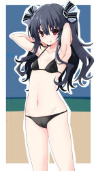 Rule 34 | 1girl, armpits, arms behind head, beach, bikini, black bikini, black hair, blue sky, breasts, choujigen game neptune, commentary request, day, feet out of frame, hair ribbon, highres, horizon, iwashi dorobou -r-, neptune (series), ocean, outdoors, red eyes, ribbon, sky, small breasts, solo, standing, swimsuit, two side up, uni (neptunia)