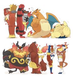animal_ear_fluff blaziken charizard cinderace creatures_(company) delphox emboar flame-tipped_tail flexible furry game_freak gen_1_pokemon gen_2_pokemon gen_3_pokemon gen_4_pokemon gen_5_pokemon gen_6_pokemon gen_7_pokemon gen_8_pokemon highres hyaku_(g-kawayusu) incineroar infernape leg_lift leg_up looking_at_another meme nintendo pokemon pokemon_(creature) simple_background split standing standing_on_one_leg standing_split stretching trembling typhlosion