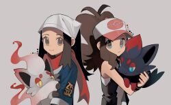 2girls 950magi618 akari_(pokemon) baseball_cap big_hair black_fur black_hair blue_eyes bright_pupils brown_eyes brown_hair closed_mouth color_guide commentary gen_5_pokemon grey_background grey_fur hat headscarf high_ponytail highres hilda_(pokemon) hisuian_zorua holding holding_pokemon long_hair looking_at_viewer multiple_girls nintendo pokemon pokemon_(creature) pokemon_bw pokemon_legends:_arceus ponytail print_hat red_scarf scarf simple_background smile symbol-only_commentary thick_eyebrows white_headscarf white_pupils yellow_eyes zorua