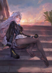 1girl absurdres feet highres hjwhuhu long_hair looking_at_viewer pantyhose shoes single_shoe soles stairs toes unworn_shoes white_hair yellow_eyes yi_xuan_(zenless_zone_zero) zenless_zone_zero