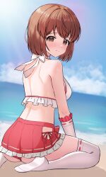 1girl :&lt; absurdres ass bare_shoulders beach bikini blue_sky blunt_ends blush bow breasts brown_eyes brown_hair closed_mouth cloud cloudy_sky concept_maihime_(idolmaster) covered_erect_nipples day dot_nose elbow_gloves floris_(saber13) frilled_gloves frilled_shirt frilled_skirt frills from_behind gloves hagiwara_yukiho halter_shirt halterneck highres hip_vent horizon idolmaster idolmaster_(classic) idolmaster_million_live! idolmaster_million_live!_theater_days loli looking_at_viewer looking_back median_furrow medium_breasts medium_hair miniskirt navel nontraditional_miko ocean outdoors pink_bikini pink_ribbon pink_skirt pleated_skirt ribbon ribbon-trimmed_gloves ribbon-trimmed_shirt ribbon-trimmed_thighhighs ribbon_trim shirt shy side-tie_bikini_bottom sidelocks sitting skirt sky sleeveless sleeveless_shirt solo sunlight sweat swimsuit thighhighs waist_bow wariza waves white_bow white_gloves white_thighhighs