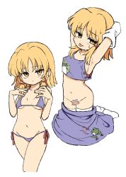 1girl :p absurdres animal_print armpits arms_behind_head arms_up bikini blonde_hair blush breasts censored clothes_pull covered_erect_nipples crop_top detached_sleeves frog frog_print full_body hair_ribbon hands_on_own_chest highres kneeling long_sleeves looking_at_viewer moriya_suwako navel no_headwear purple_bikini pyonta revealing_clothes ribbon short_hair side-tie_bikini_bottom sidelocks skirt solo sweat swimsuit tank_top thighhighs tongue tongue_out touhou tress_ribbon unworn_skirt white_thighhighs wide_sleeves yellow_eyes