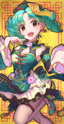 Rule 34 | 1girl, bow, bowtie, breasts, brown eyes, chinese clothes, cleavage, cleavage cutout, clothing cutout, detached sleeves, dress, dress flower, drill hair, drop shadow, earrings, floral print, flower, green dress, green hair, green hat, green shoes, hands up, hat, highres, idolmaster, idolmaster million live!, idolmaster million live! theater days, jewelry, jiangshi costume, leg up, looking at viewer, miyagi, neck flower, official alternate hairstyle, ofuda, ofuda on head, open mouth, pantyhose, parted bangs, print dress, qingdai guanmao, shoes, side cutout, skirt, sleeveless, sleeveless dress, smile, solo, standing, standing on one leg, thigh strap, tokugawa matsuri, twin drills, yellow trim