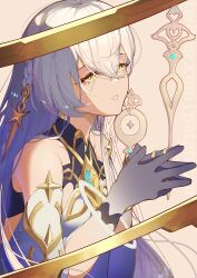 1girl absurdres bare_shoulders braid breasts colored_extremities commentary detached_sleeves dress english_commentary genshin_impact gradient_skin hair_between_eyes halo highres istaroth_(genshin_impact) long_hair open_mouth parted_lips patatatan small_breasts solo star_(symbol) very_long_hair white_hair yellow_eyes